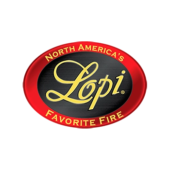 Lopi logo - North America's Favorite Fire Lopi has a red circle around it.