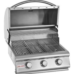 Stock photo of Blaze Traditional 25 freestanding grill with three knobs and an arched handle.