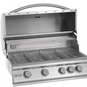 Stock photo to Blaze Traditional 32 freestanding grill has 5 knobs and an arched handle.