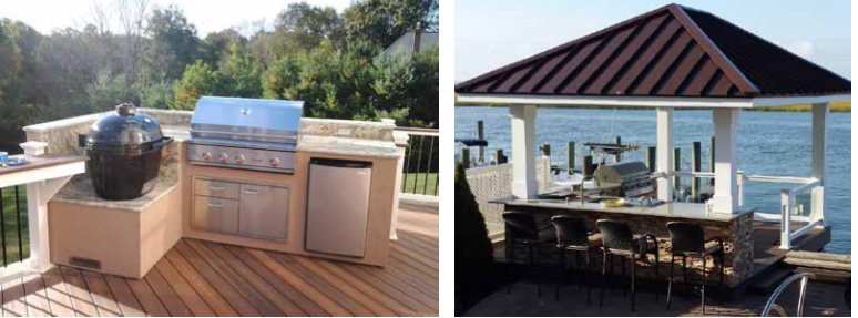Two pictures of outdoor grill islands.