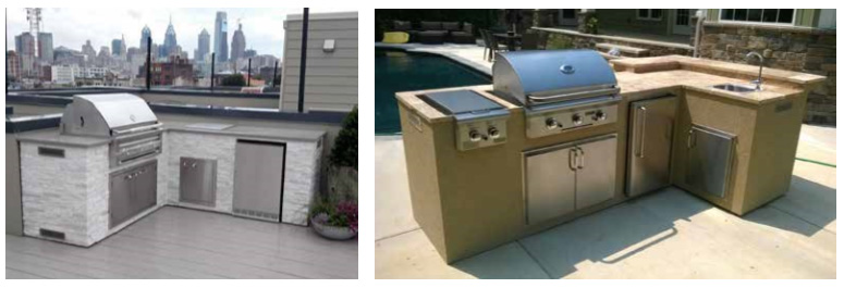 Two pictures of outdoor grill islands - one is built with white stone and has an oven and a fridge as well as a grill.  In the background is a cityscape.