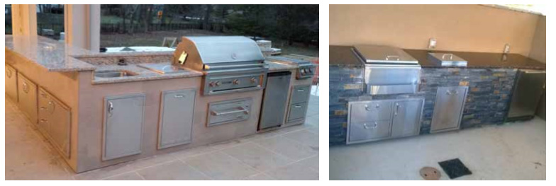 Two pictures of outdoor grill islands.