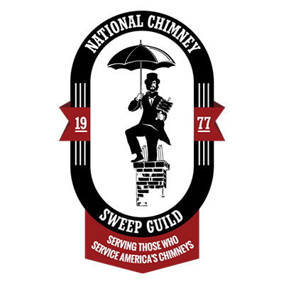 National Chimney Sweep Guild Logo - Sweep standing on chimney with umbrella.