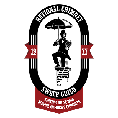 National Chimney Sweep Guild Logo - Sweep standing on chimney with umbrella.