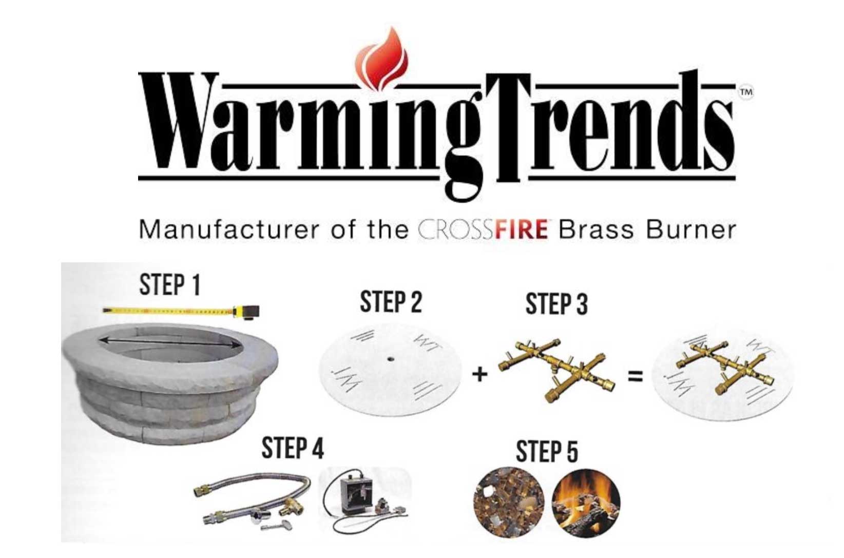 Warming Trends graphic of Crossfire part of outdoor fireplace.