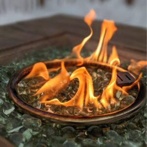 gas burning over green gems