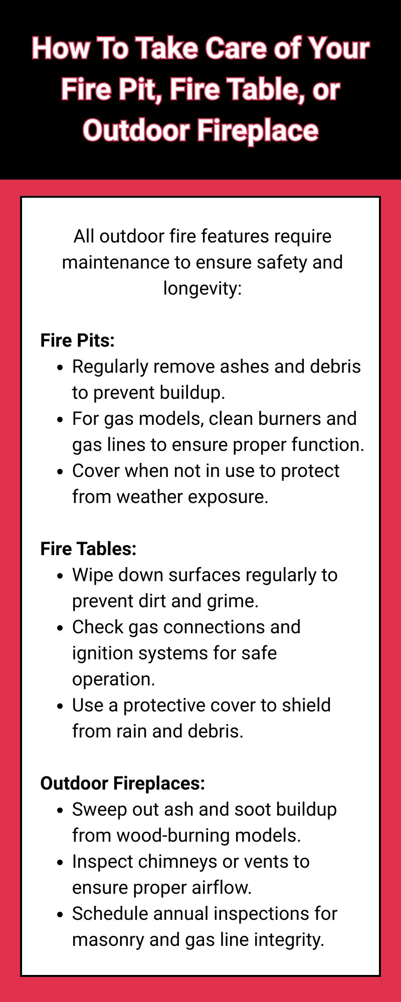 original infographic detailing maintenance advice for outdoor fire features